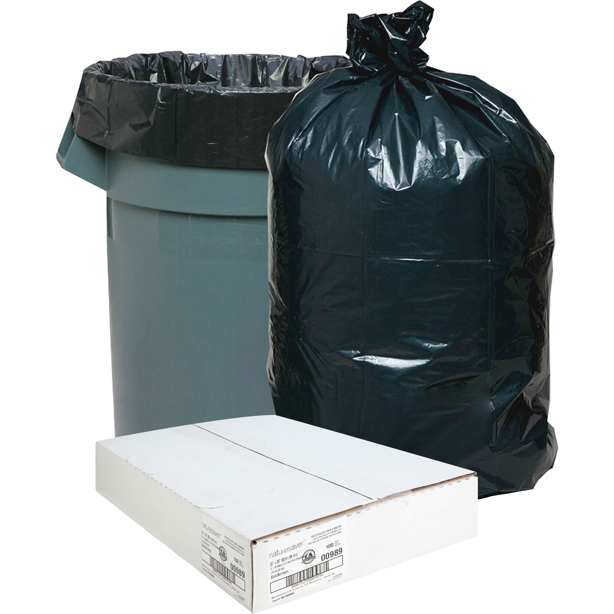 Nature Saver Black Low-density Recycled Can Liners - Medium Size - 33 gal Capacity - 39" Length x 33" Width x 1.25 mil (32 Micron) Thickness - Low Density - Black - Plastic - Cleaning Supplies - Recycled - 1 Carton