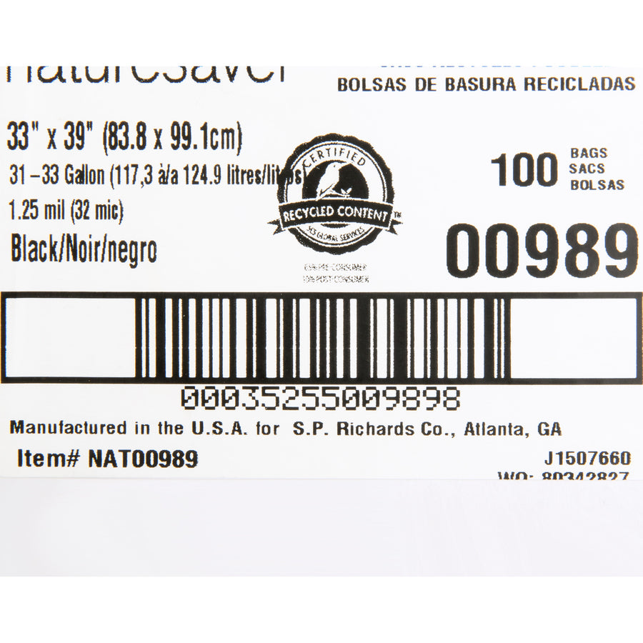 Nature Saver Black Low-density Recycled Can Liners - Medium Size - 33 gal Capacity - 39" Length x 33" Width x 1.25 mil (32 Micron) Thickness - Low Density - Black - Plastic - Cleaning Supplies - Recycled - 1 Carton