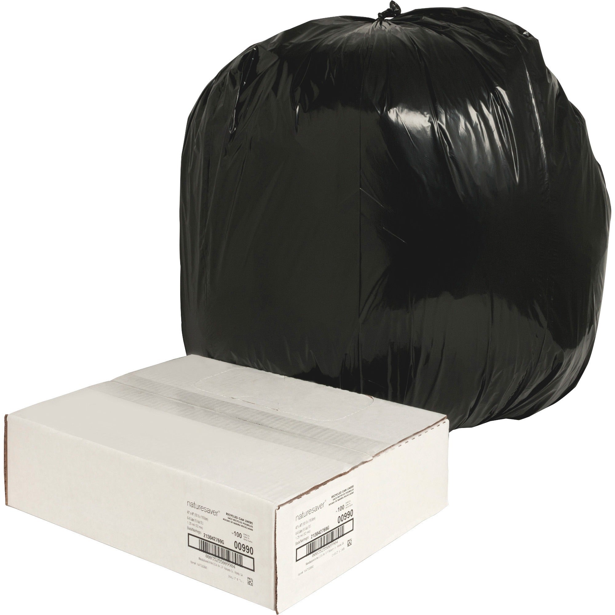 Nature Saver Black Low-density Recycled Can Liners - Large Size - 45 gal Capacity - 46" Length x 40" Width x 1.25 mil (32 Micron) Thickness - Low Density - Black - Plastic - Cleaning Supplies - Recycled - 1 Carton