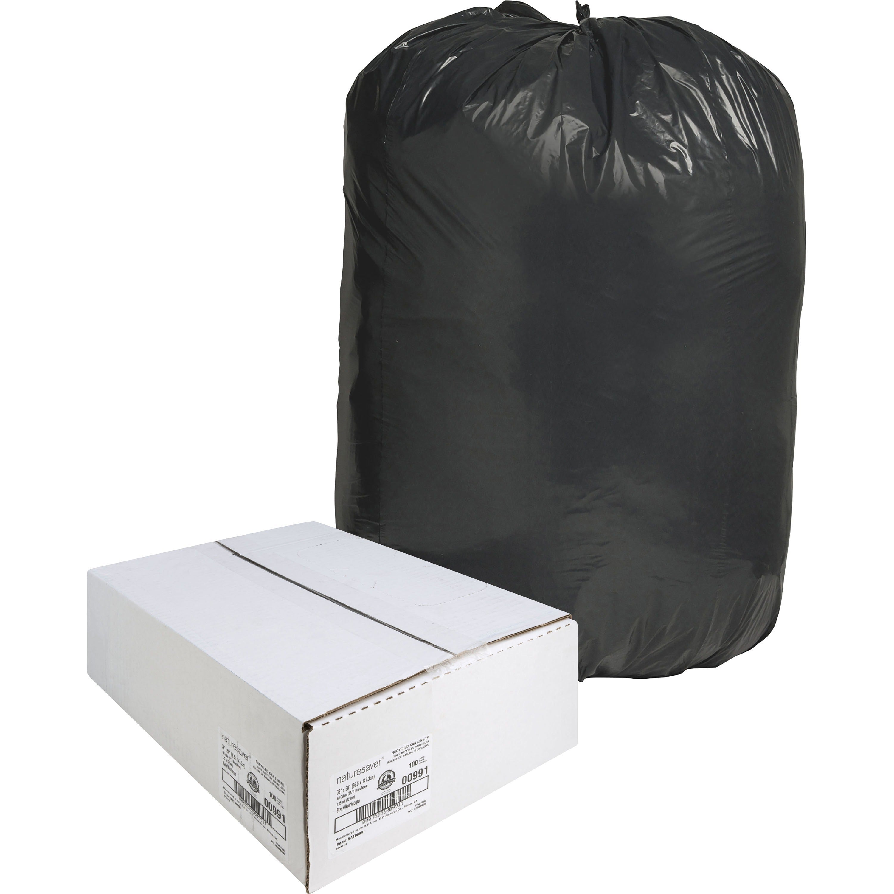 Nature Saver Black Low-density Recycled Can Liners - Extra Large Size - 60 gal Capacity - 58" Length x 38" Width x 1.25 mil (32 Micron) Thickness - Low Density - Black - Plastic - Cleaning Supplies - Recycled - 1 Carton