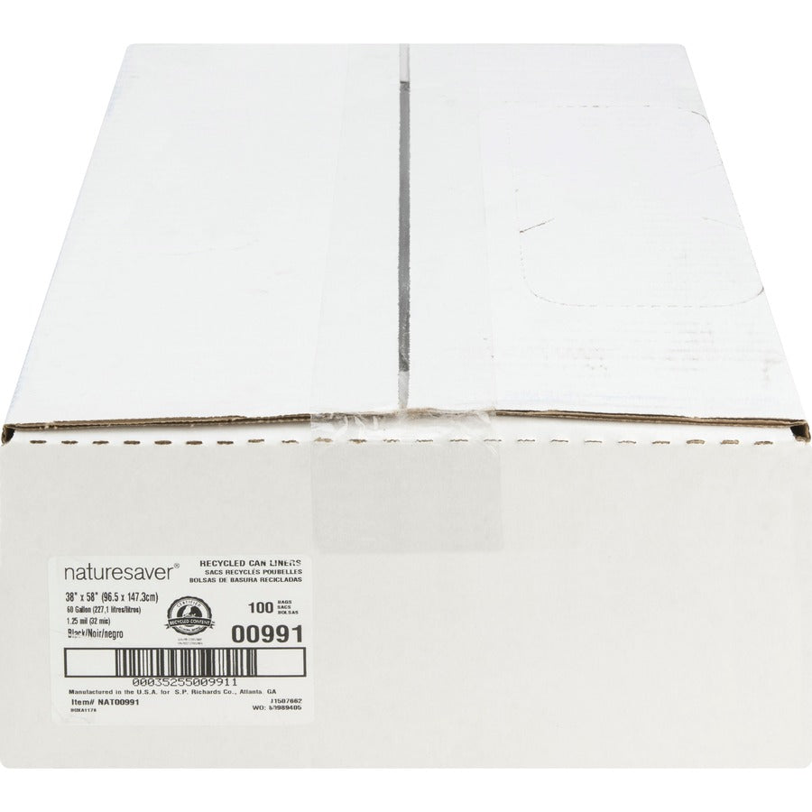Nature Saver Black Low-density Recycled Can Liners - Extra Large Size - 60 gal Capacity - 58" Length x 38" Width x 1.25 mil (32 Micron) Thickness - Low Density - Black - Plastic - Cleaning Supplies - Recycled - 1 Carton