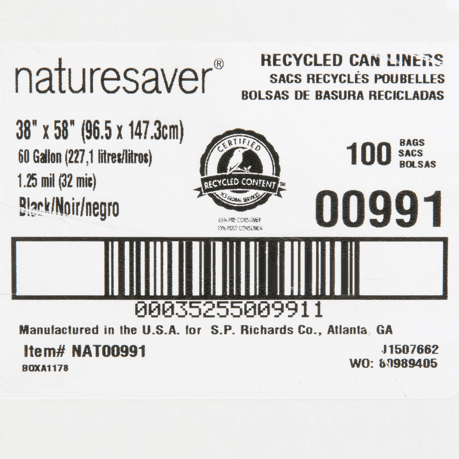 Nature Saver Black Low-density Recycled Can Liners - Extra Large Size - 60 gal Capacity - 58" Length x 38" Width x 1.25 mil (32 Micron) Thickness - Low Density - Black - Plastic - Cleaning Supplies - Recycled - 1 Carton