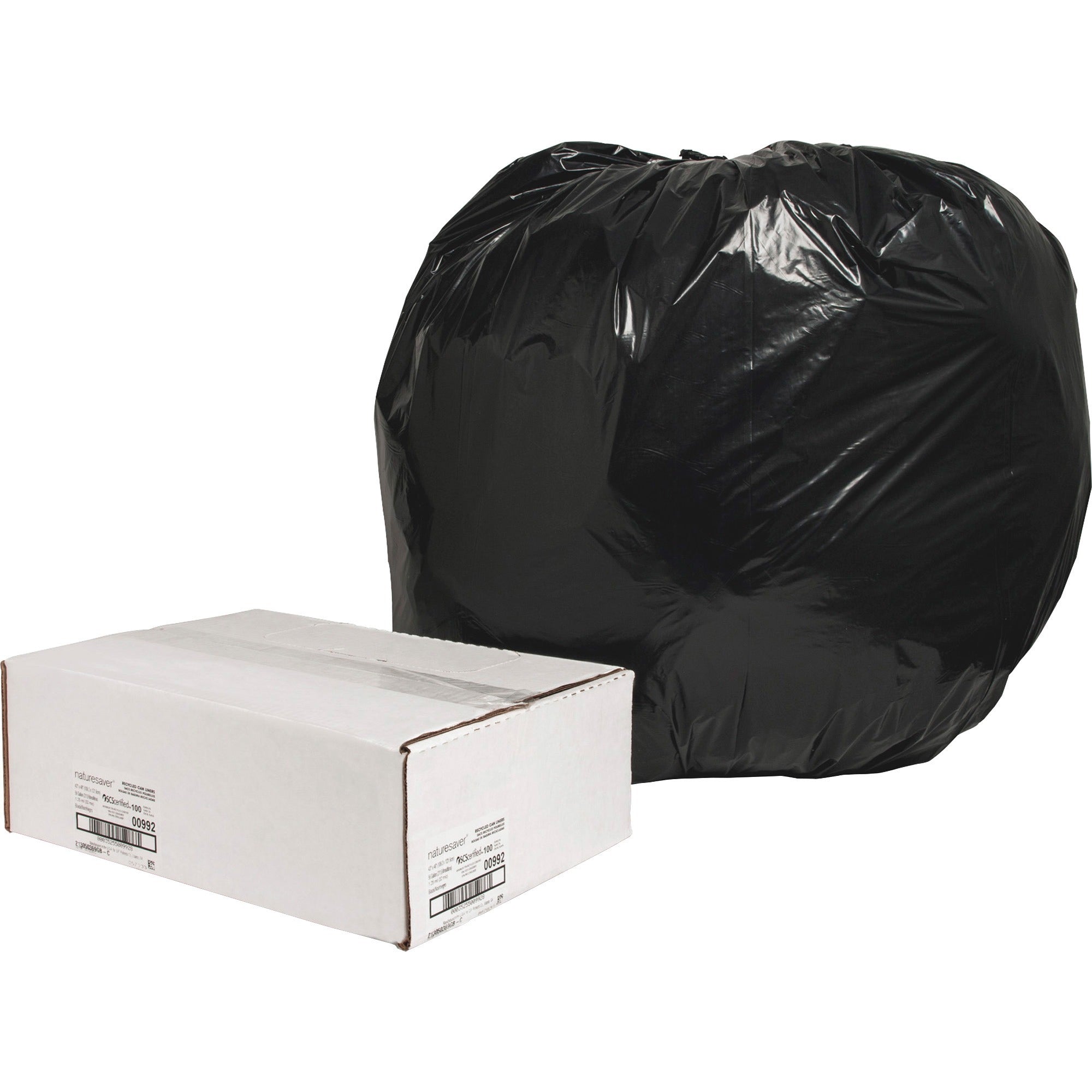 Nature Saver Black Low-density Recycled Can Liners - Extra Large Size - 56 gal Capacity - 48" Length x 43" Width x 1.25 mil (32 Micron) Thickness - Low Density - Black - Plastic - Cleaning Supplies - Recycled - 1 Carton
