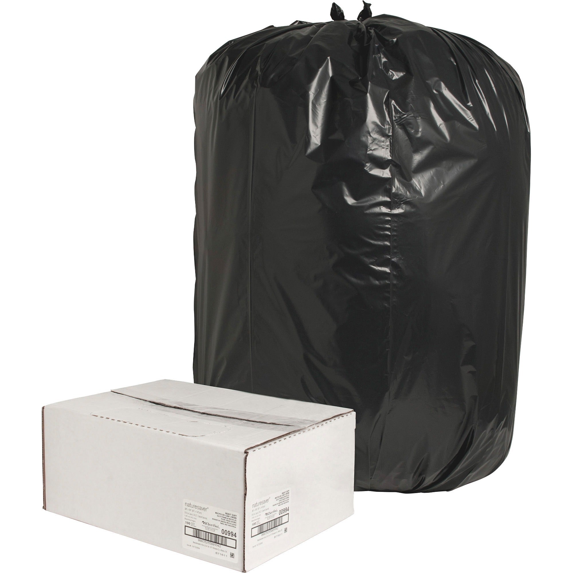 Nature Saver Black Low-density Recycled Can Liners - Extra Large Size - 60 gal Capacity - 58" Length x 38" Width x 1.65 mil (42 Micron) Thickness - Low Density - Black - Plastic - Cleaning Supplies - Recycled - 1 Carton