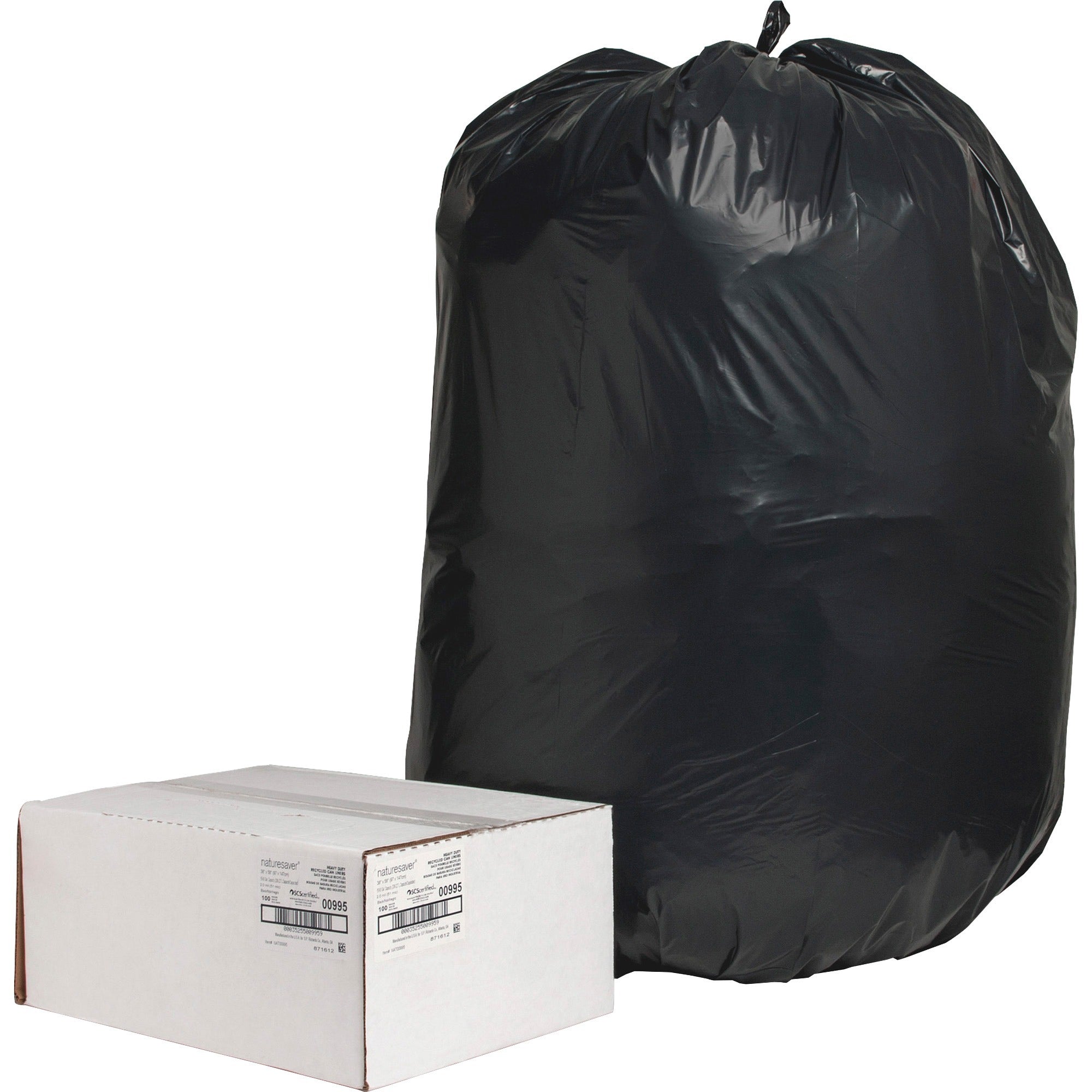 Nature Saver Black Low-density Recycled Can Liners - Extra Large Size - 60 gal Capacity - 58" Length x 38" Width x 2 mil (51 Micron) Thickness - Low Density - Black - Plastic - Cleaning Supplies - Recycled - 1 Carton