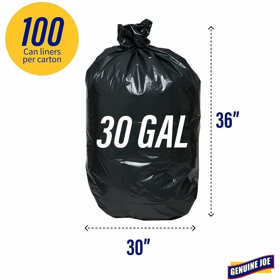 Genuine Joe Heavy-Duty Trash Can Liners - Medium Size - 30 gal Capacity - 36" Length x 30" Width x 1.50 mil (38 Micron) Thickness - Low Density - Black - 100/Box - 1 Carton