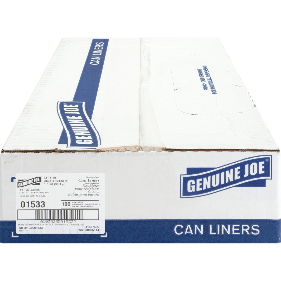 Genuine Joe Heavy-Duty Trash Can Liners - Medium Size - 33 gal Capacity - 40" Length x 33" Width x 1.50 mil (38 Micron) Thickness - Low Density - Black - 100/Box - 1 Carton