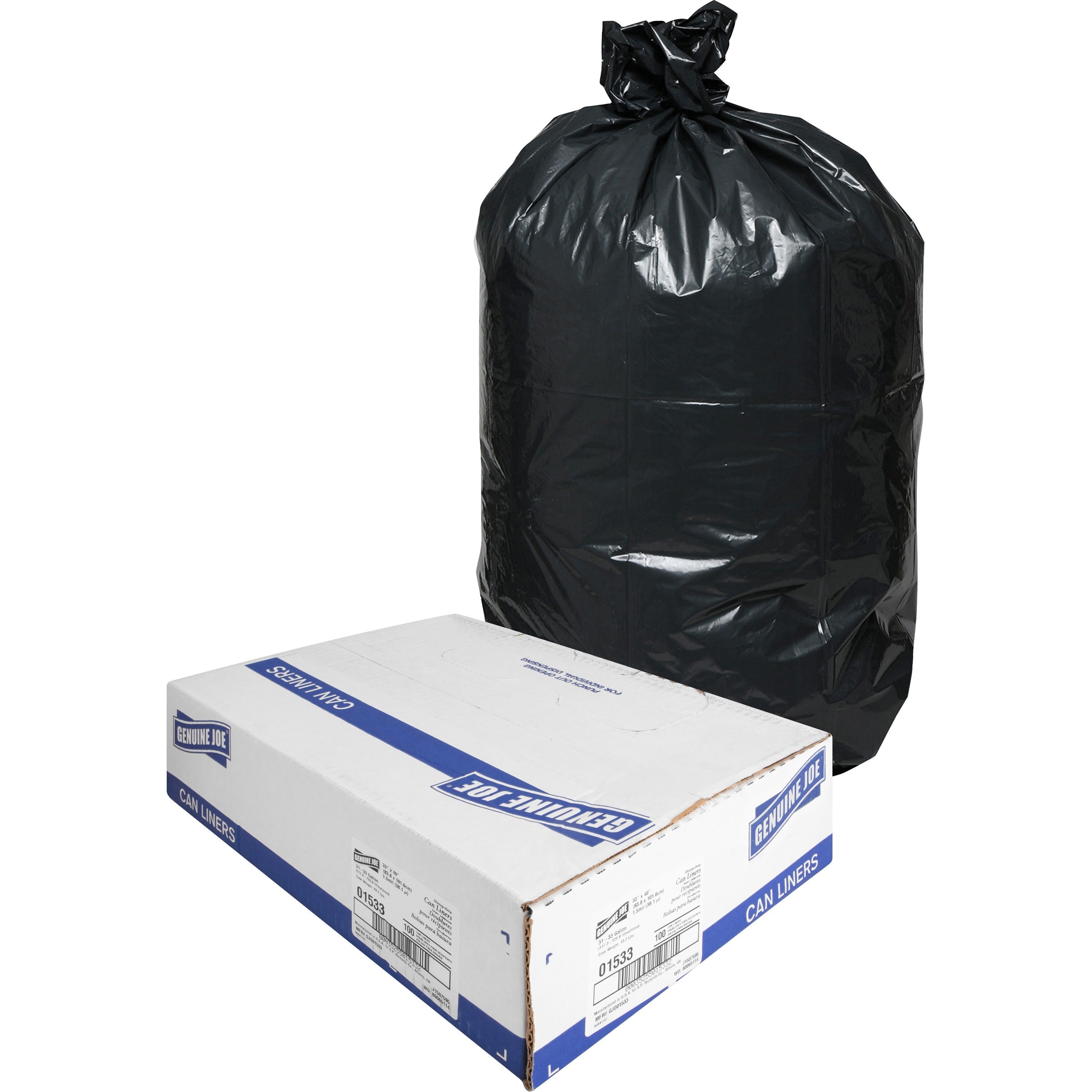 Genuine Joe Heavy-Duty Trash Can Liners - Medium Size - 33 gal Capacity - 40" Length x 33" Width x 1.50 mil (38 Micron) Thickness - Low Density - Black - 100/Box - 1 Carton