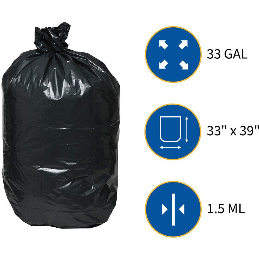 Genuine Joe Heavy-Duty Trash Can Liners - Medium Size - 33 gal Capacity - 40" Length x 33" Width x 1.50 mil (38 Micron) Thickness - Low Density - Black - 100/Box - 1 Carton