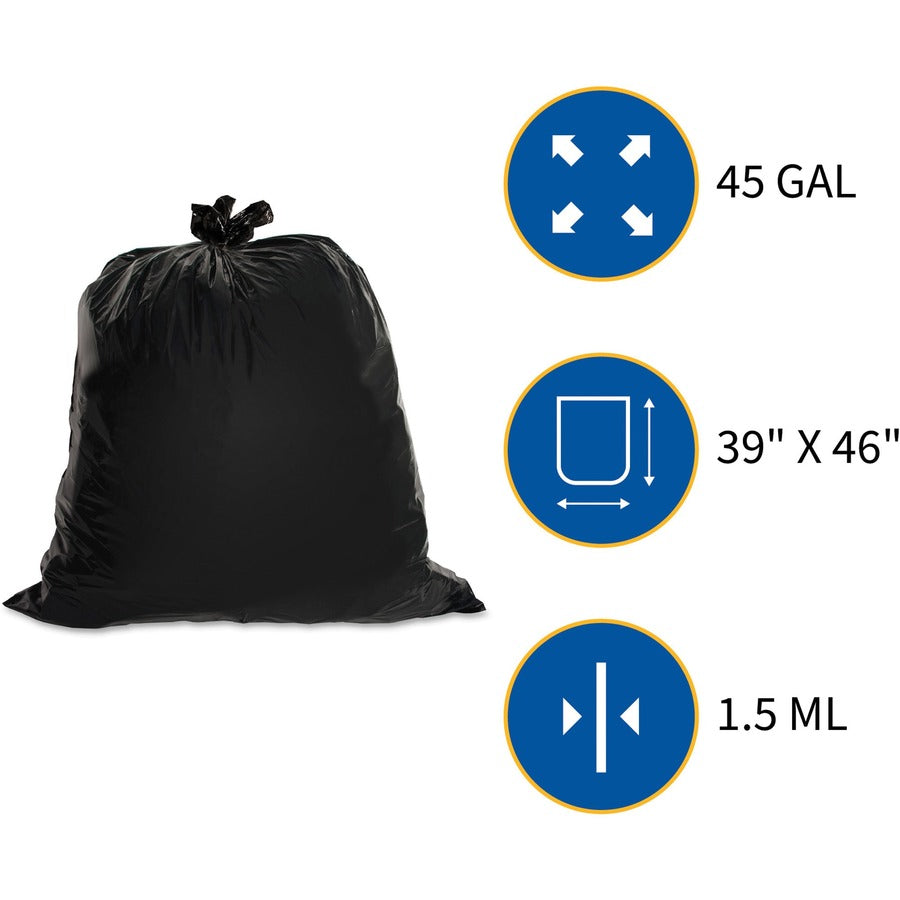 Genuine Joe Heavy-Duty Trash Can Liners - Large Size - 45 gal Capacity - 46" Length x 39" Width x 1.50 mil (38 Micron) Thickness - Low Density - Black - 50/Box - 1 Carton
