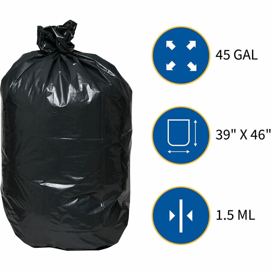 Genuine Joe Heavy-Duty Trash Can Liners - Large Size - 45 gal Capacity - 46" Length x 39" Width x 1.50 mil (38 Micron) Thickness - Low Density - Black - 50/Box - 1 Carton