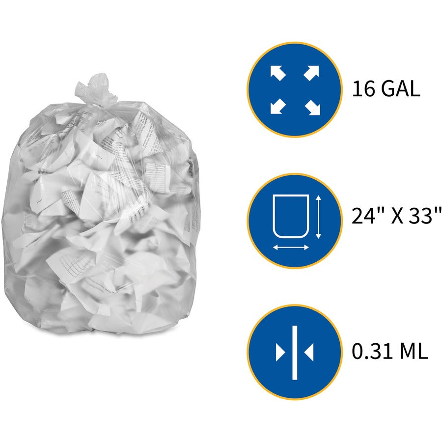 Genuine Joe High-Density Can Liners - Small Size - 16 gal Capacity - 32" Length x 24" Width x 0.31 mil (8 Micron) Thickness - High Density - Clear - Resin - Office Waste, Industrial Trash - 50/Roll - 20 / Carton