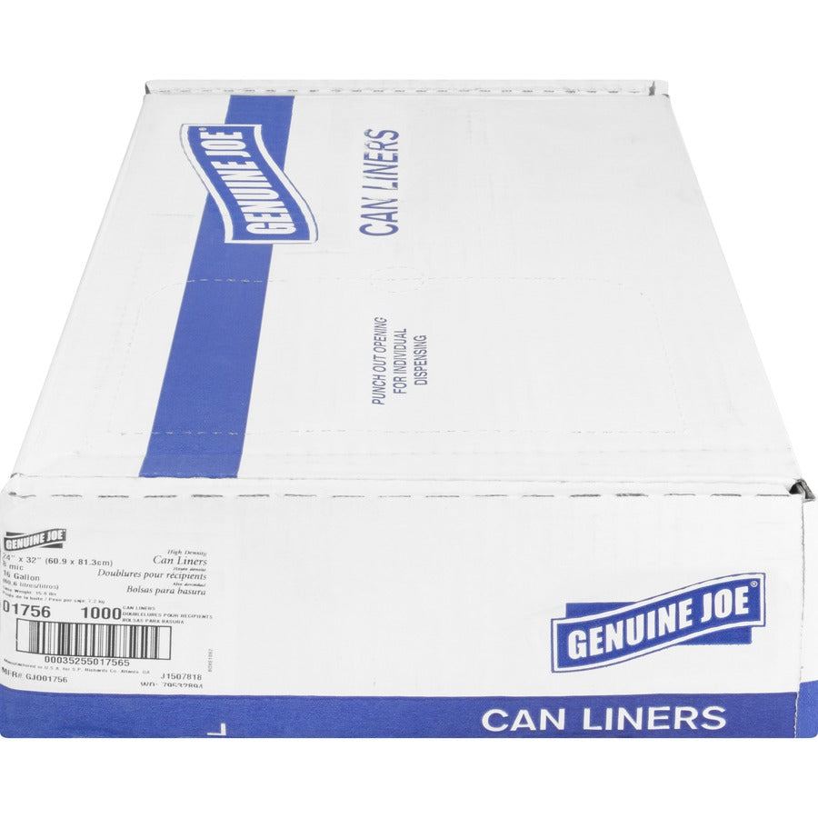 Genuine Joe High-Density Can Liners - Small Size - 16 gal Capacity - 32" Length x 24" Width x 0.31 mil (8 Micron) Thickness - High Density - Clear - Resin - Office Waste, Industrial Trash - 50/Roll - 20 / Carton