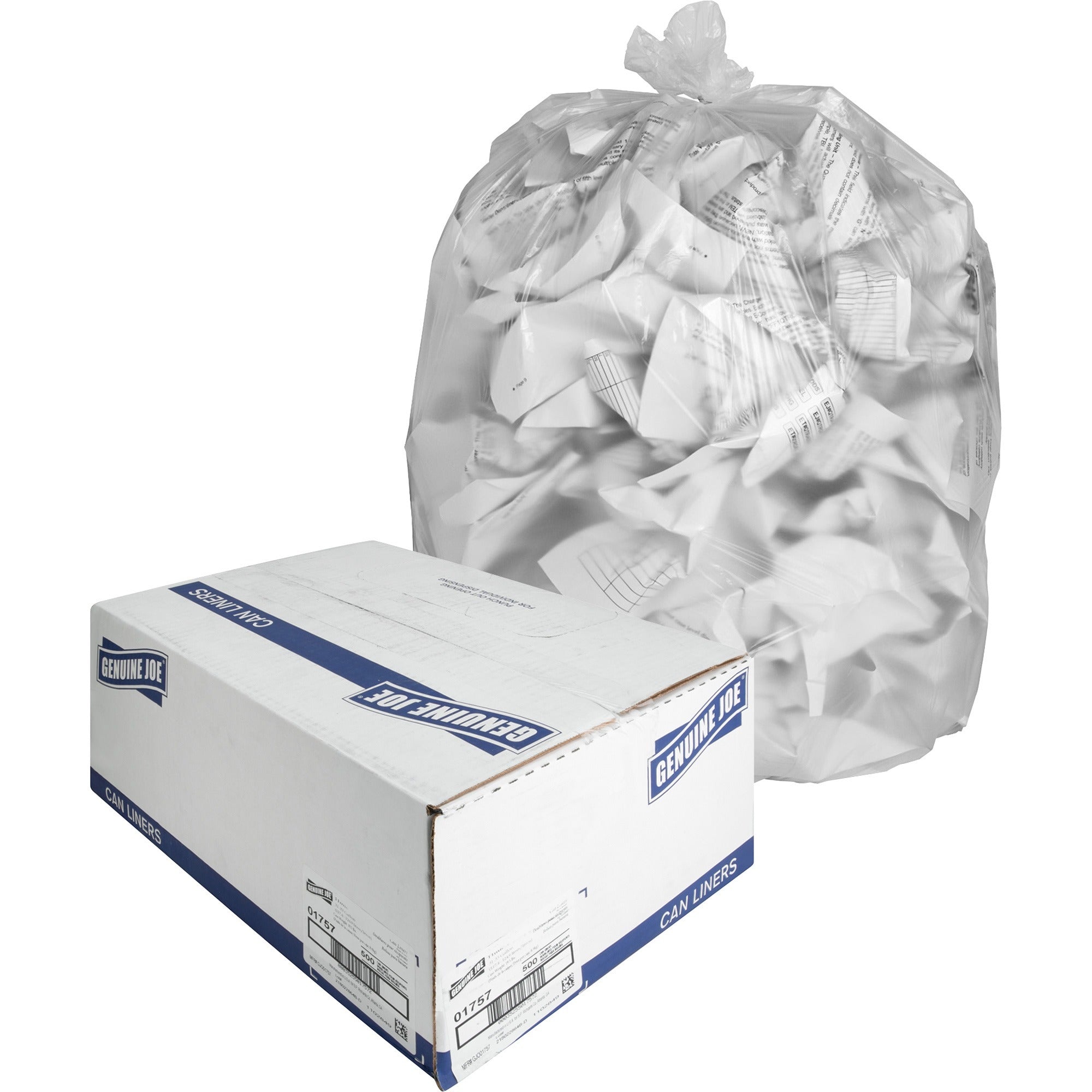 Genuine Joe High-Density Can Liners - Medium Size - 33 gal Capacity - 40" Length x 33" Width x 0.43 mil (11 Micron) Thickness - High Density - Clear - Resin - Office Waste, Industrial Trash - 25/Roll - 20 / Carton