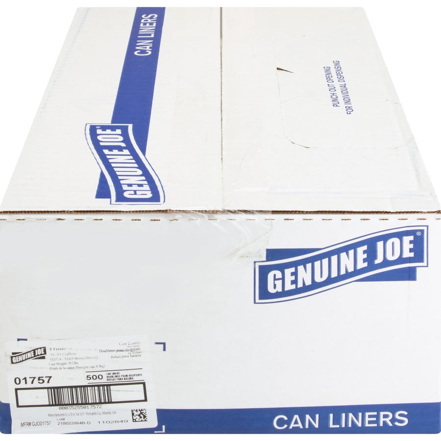 Genuine Joe High-Density Can Liners - Medium Size - 33 gal Capacity - 40" Length x 33" Width x 0.43 mil (11 Micron) Thickness - High Density - Clear - Resin - Office Waste, Industrial Trash - 25/Roll - 20 / Carton