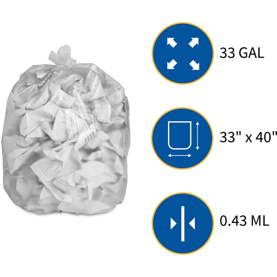 Genuine Joe High-Density Can Liners - Medium Size - 33 gal Capacity - 40" Length x 33" Width x 0.43 mil (11 Micron) Thickness - High Density - Clear - Resin - Office Waste, Industrial Trash - 25/Roll - 20 / Carton