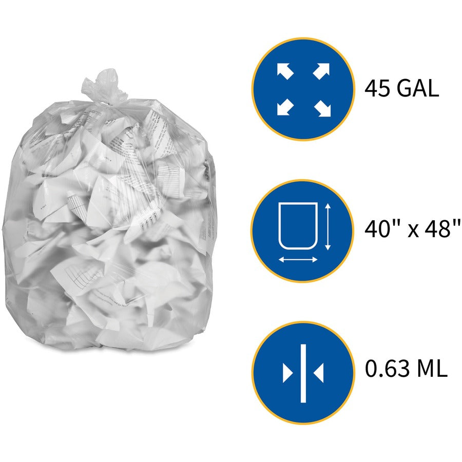 Genuine Joe High-density Can Liners - Large Size - 45 gal Capacity - 48" Length x 40" Width x 0.63 mil (16 Micron) Thickness - High Density - Clear - Resin - Office Waste, Industrial Trash - 25/Roll - 10 / Carton