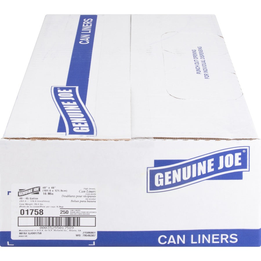 Genuine Joe High-density Can Liners - Large Size - 45 gal Capacity - 48" Length x 40" Width x 0.63 mil (16 Micron) Thickness - High Density - Clear - Resin - Office Waste, Industrial Trash - 25/Roll - 10 / Carton
