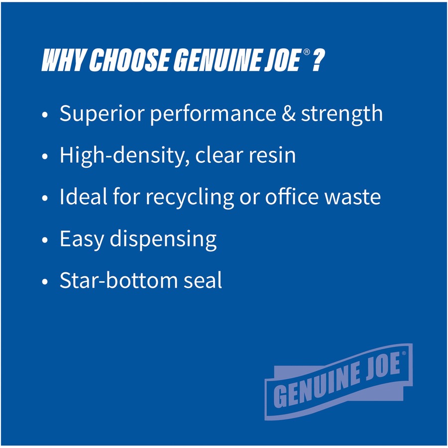 Genuine Joe High-density Can Liners - Large Size - 45 gal Capacity - 48" Length x 40" Width x 0.63 mil (16 Micron) Thickness - High Density - Clear - Resin - Office Waste, Industrial Trash - 25/Roll - 10 / Carton