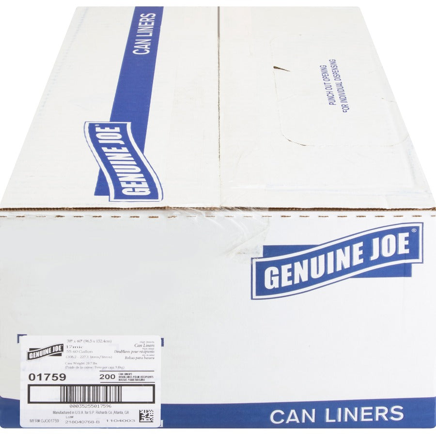 Genuine Joe High-Density Can Liners - Extra Large Size - 60 gal Capacity - 60" Length x 38" Width x 0.67 mil (17 Micron) Thickness - High Density - Clear - Resin - Office Waste, Industrial Trash - 20/Roll - 10 / Carton