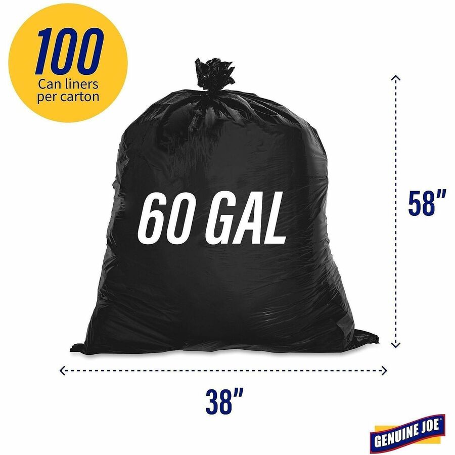 Genuine Joe Linear Low Density Can Liners - Extra Large Size - 60 gal Capacity - 58" Length x 38" Width x 0.80 mil (20 Micron) Thickness - Low Density - Brown, Black - 100 / Carton