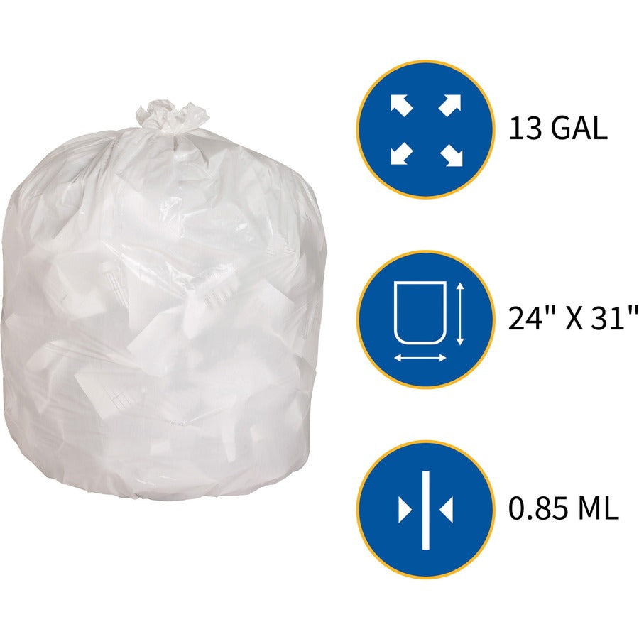 Small Size - 13 gal Capacity - 31" Length x 24" Width x 0.85 mil (22 Micron) Thickness - Low Density - White - Kitchen - Recycled - 150/Box - 1 Carton
