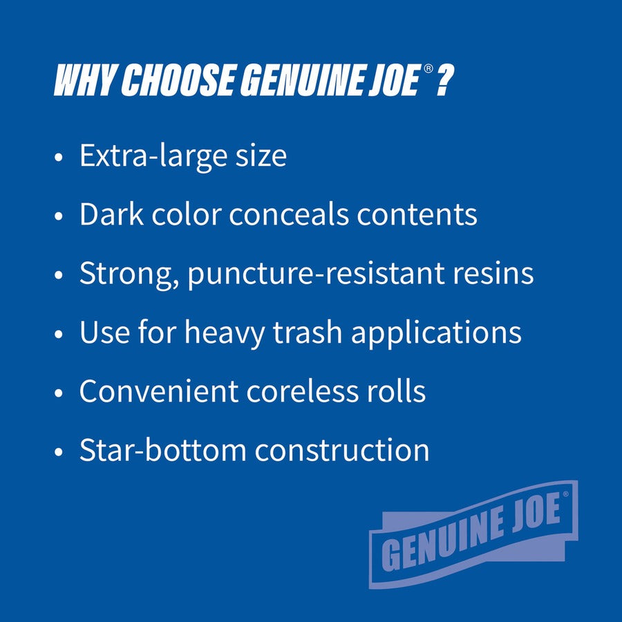 Genuine Joe Maximum Strength Trash Can Liner - Extra Large Size - 60 gal Capacity - 56" Length x 39" Width x 1.55 mil (39 Micron) Thickness - Low Density - Silver - Plastic Resin - Food Waste, Office Waste, Can, Debris - Recycled - 50 / Carton