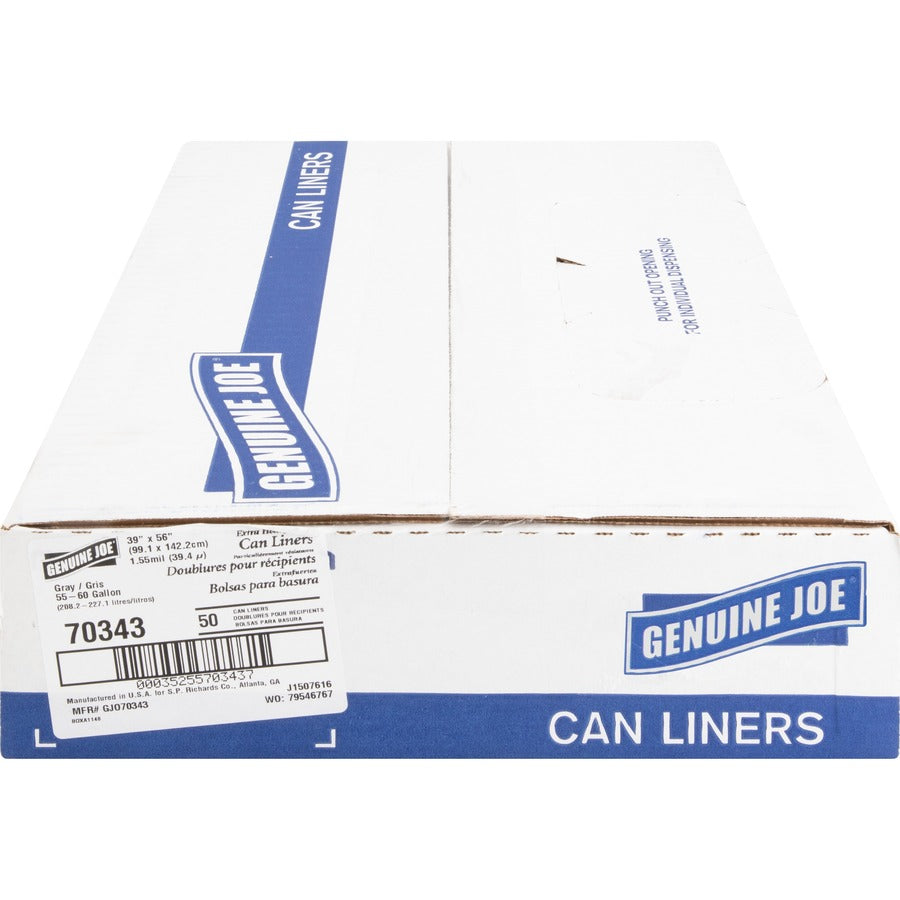 Genuine Joe Maximum Strength Trash Can Liner - Extra Large Size - 60 gal Capacity - 56" Length x 39" Width x 1.55 mil (39 Micron) Thickness - Low Density - Silver - Plastic Resin - Food Waste, Office Waste, Can, Debris - Recycled - 50 / Carton