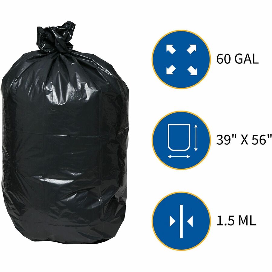 Genuine Joe Heavy-Duty Trash Can Liners - 60 gal Capacity - 56" Length x 39" Width x 1.50 mil (38 Micron) Thickness - Low Density - Black - Plastic Resin - Debris, Can, Waste - 50/Box - 1 Carton