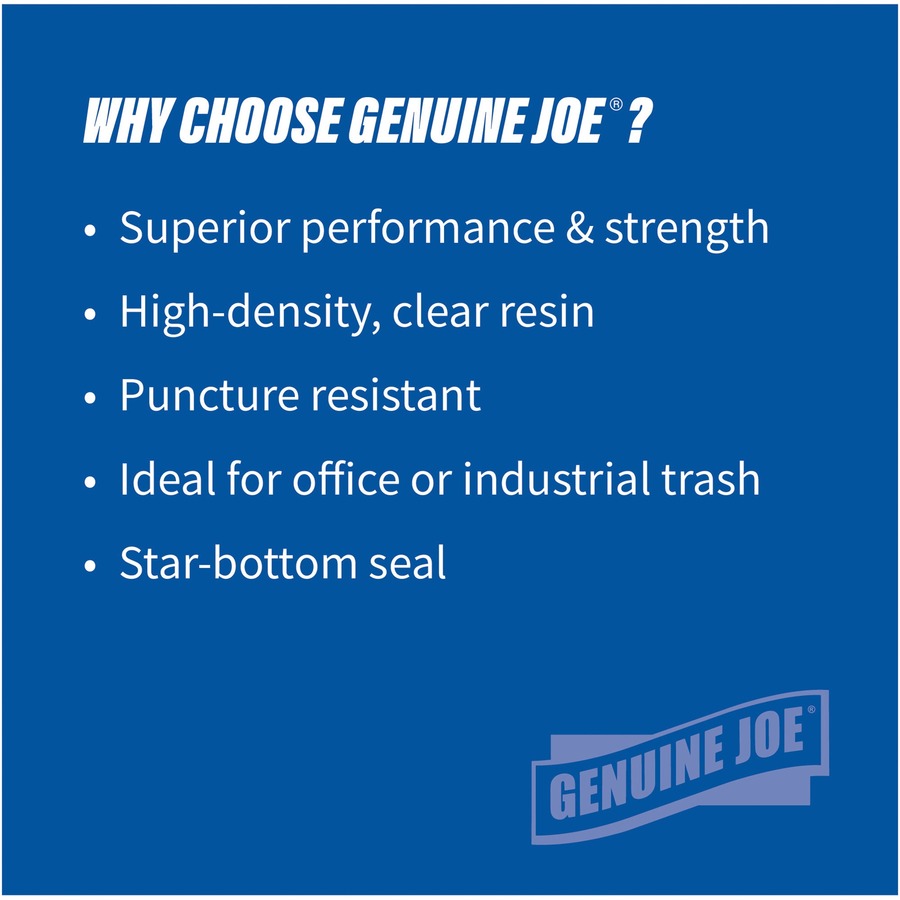 Genuine Joe High-density Can Liners - Extra Large Size - 56 gal Capacity - 48" Length x 43" Width x 0.63 mil (16 Micron) Thickness - High Density - Clear - Resin - Office Waste, Industrial Trash - 20/Roll - 10 / Carton