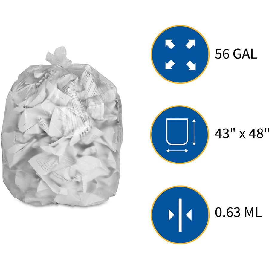Genuine Joe High-density Can Liners - Extra Large Size - 56 gal Capacity - 48" Length x 43" Width x 0.63 mil (16 Micron) Thickness - High Density - Clear - Resin - Office Waste, Industrial Trash - 20/Roll - 10 / Carton