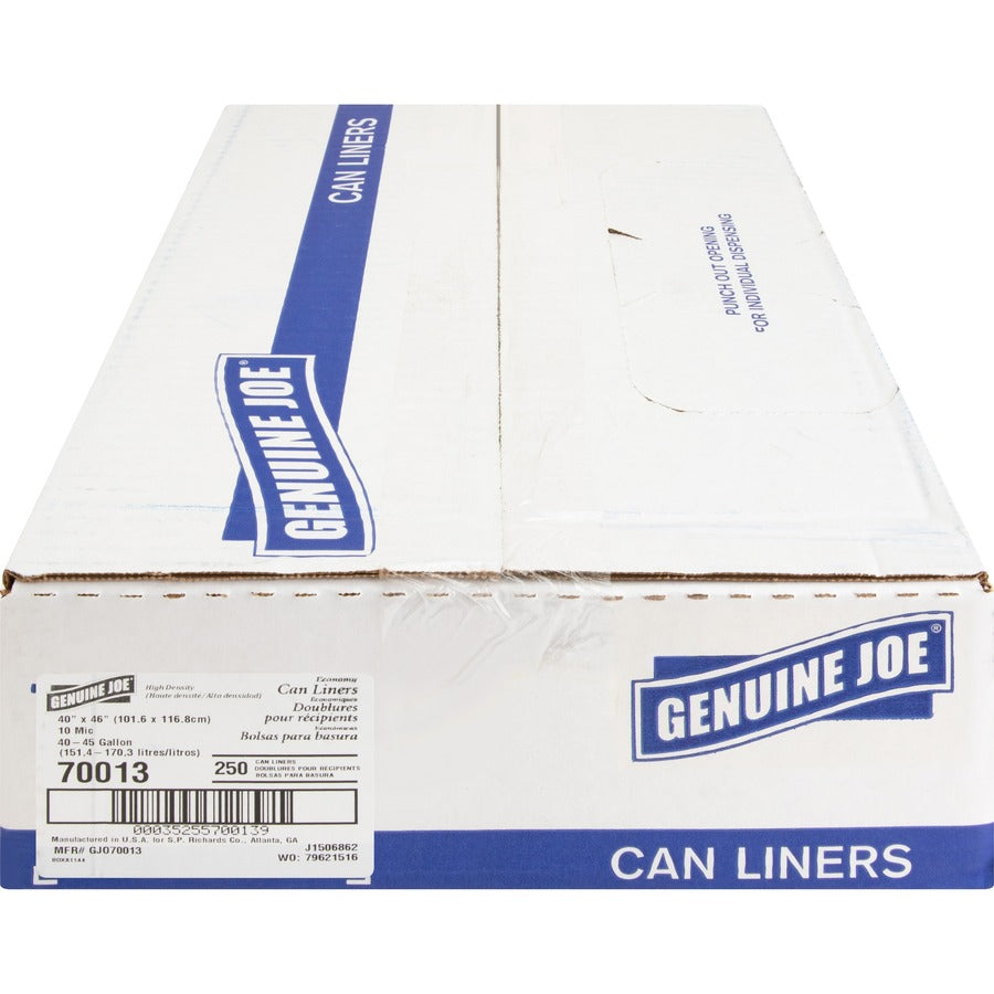 Genuine Joe Economy High-Density Can Liners - Large Size - 45 gal Capacity - 46" Length x 40" Width x 0.39 mil (10 Micron) Thickness - High Density - Translucent - Resin - 250 / Carton