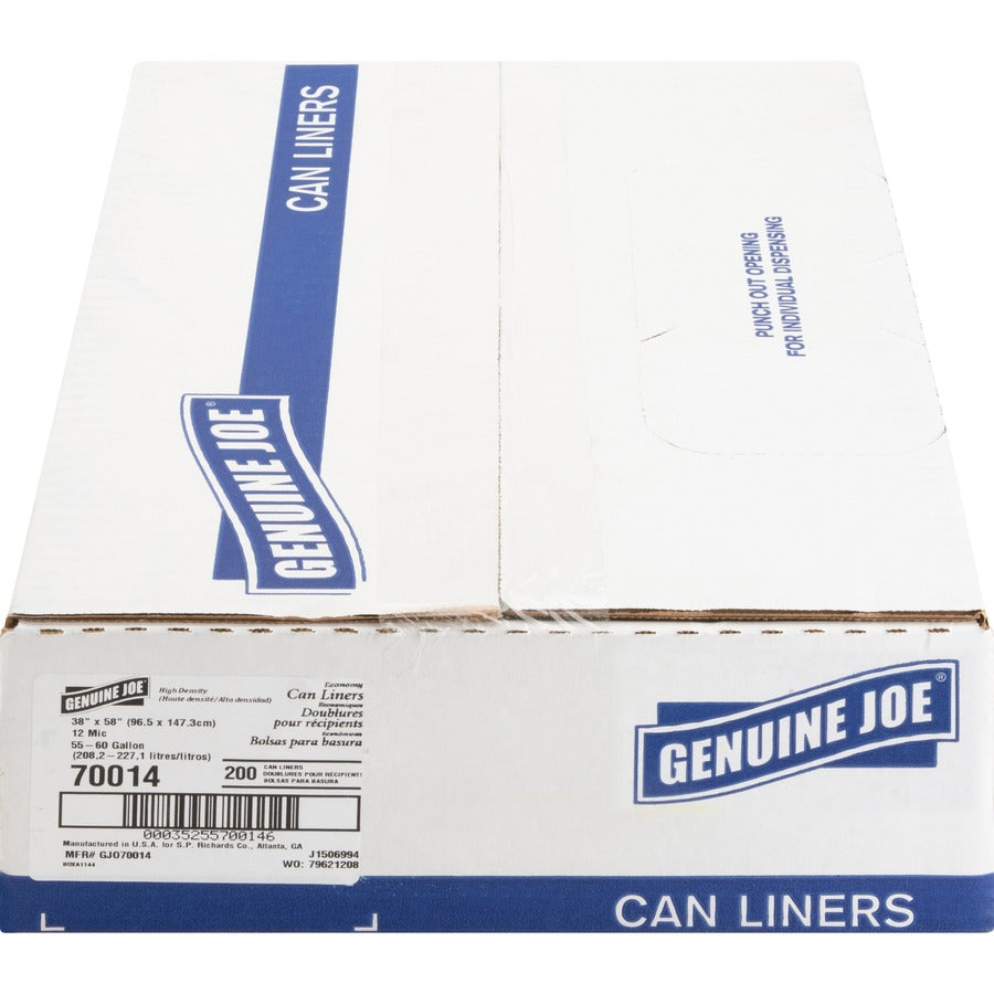 Genuine Joe Economy High-Density Can Liners - Extra Large Size - 60 gal Capacity - 58" Length x 38" Width x 0.47 mil (12 Micron) Thickness - High Density - Translucent - Resin - Office Waste - 200 / Carton