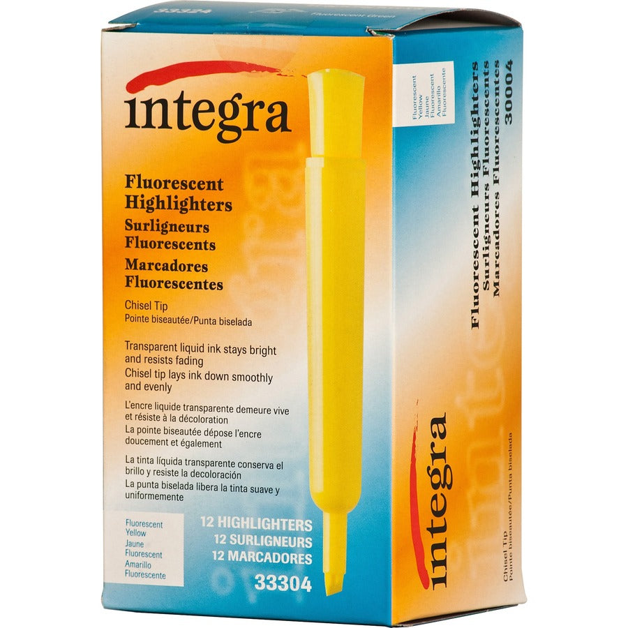 Integra Chisel Desk Liquid Highlighters - Chisel Marker Point - Yellow Ink - Water Based - Yellow Barrel - 1 Dozen