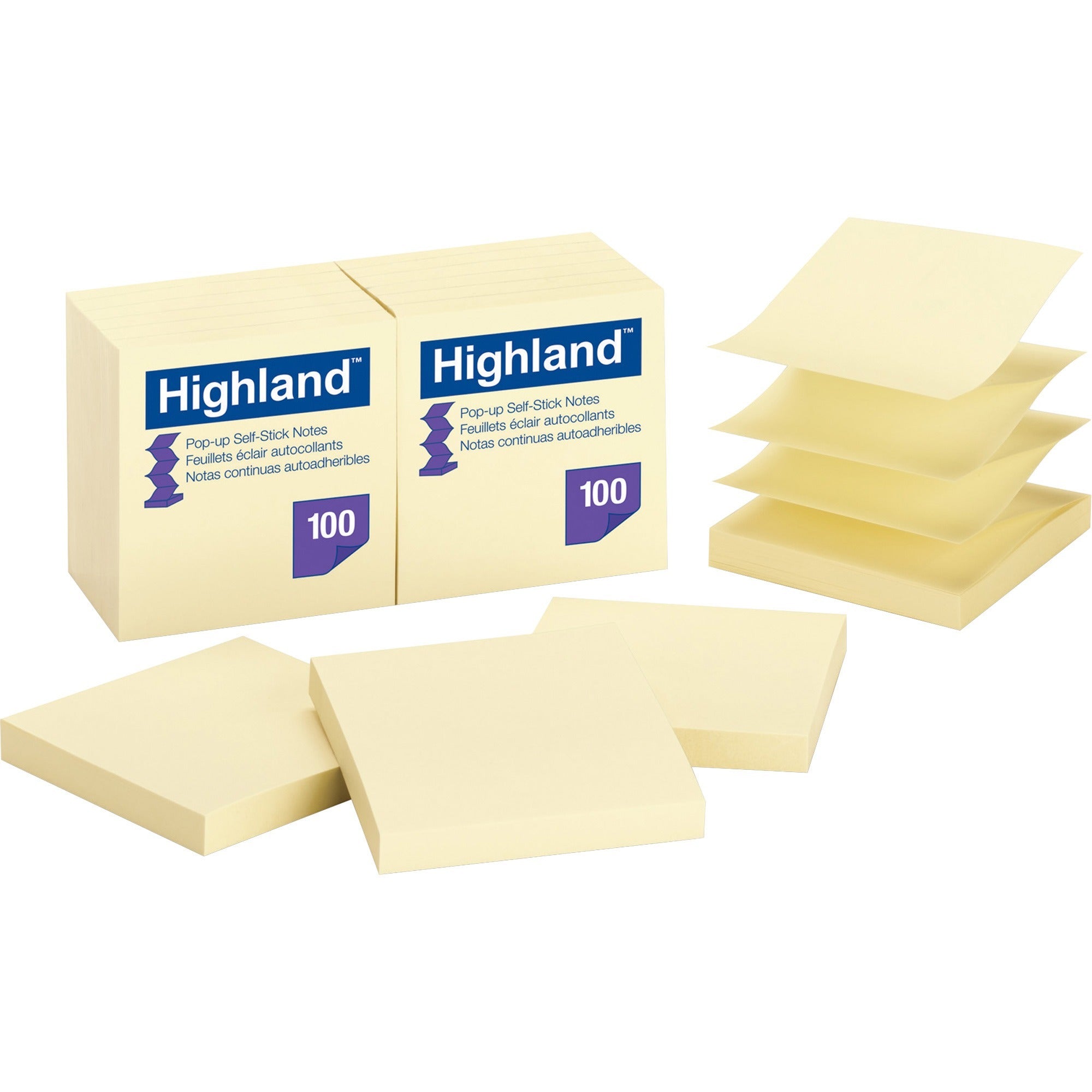 Highland Self-sticking Notepads - 1200 - 3" Flag/Note Width x 3" Flag/Note Length - Square - 100 Sheets per Pad - Unruled - Yellow - Paper - Self-adhesive, Repositionable, Removable, Pop-up - 1 Pack