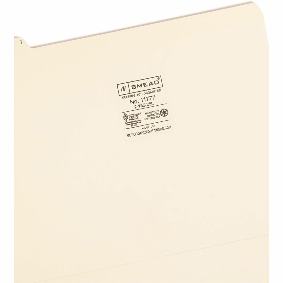 Smead 1/5 Tab Cut Letter Recycled Top Tab File Folder - 8 1/2" x 11" - 3/4" Expansion - Top Tab Location - Assorted Tab Position - 11 pt. - 2 Plys - Manila - 10% Recycled - 25 / Set