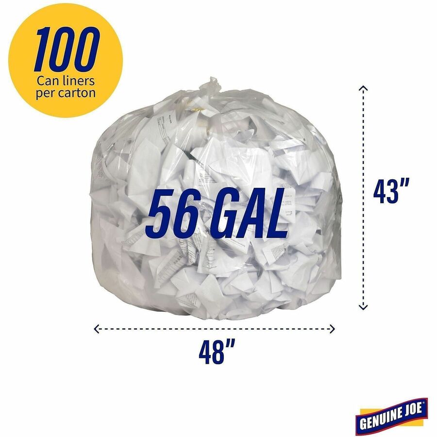 Genuine Joe Clear Trash Can Liners - 56 gal Capacity - 48" Length x 43" Width x 0.80 mil (20 Micron) Thickness - Low Density - Clear - Film - Multipurpose - Recycled - 100/Box - 1 Carton