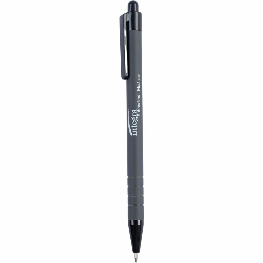 Integra Rubber Barrel Retractable Ballpoint Pens - 1 mm Medium Pen Point - Retractable - Black Ink - Rubber Barrel - 1 Dozen