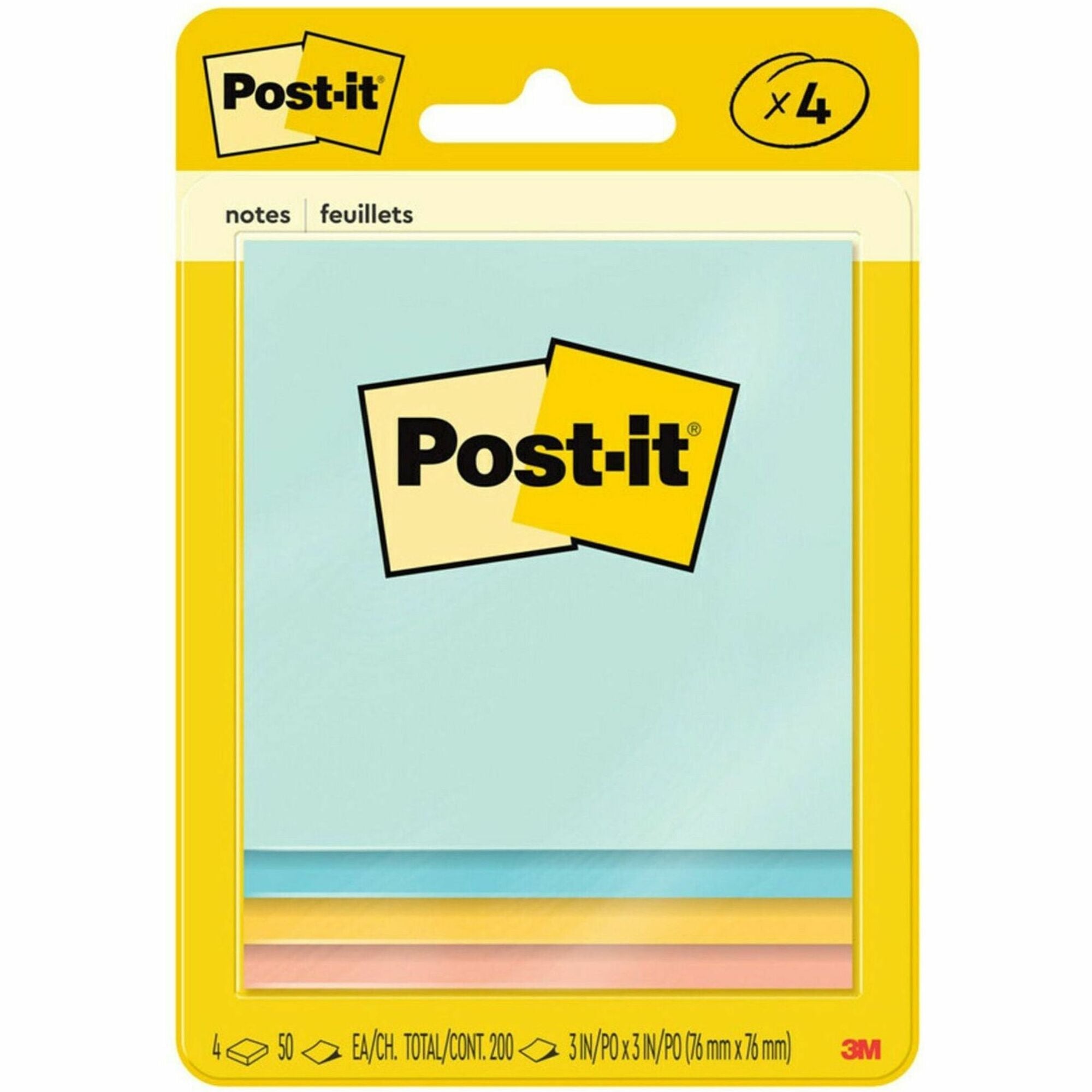 200 - 3" Flag/Note Width x 3" Flag/Note Length - Square - 50 Sheets per Pad - Unruled - Fresh Mint, Aqua Splash, Sunnyside, Papaya Fizz - Paper - Self-adhesive - 4 / Pack
