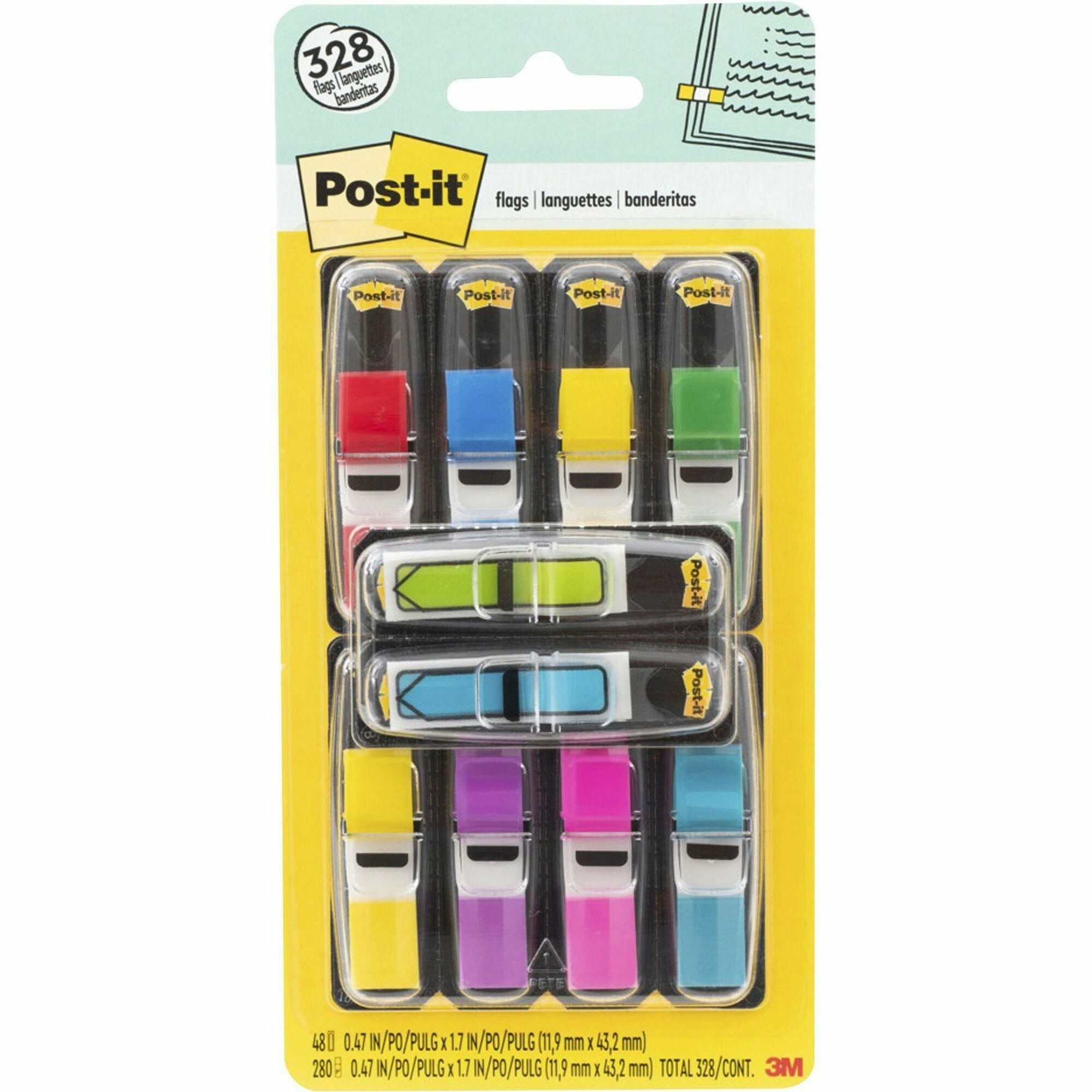 328 - 1/2" Flag/Note Width - Rectangle, Arrow - Unruled - Red, Blue, Yellow, Green, Purple, Pink, Blue, Red, Yellow - Removable, Self-adhesive - Dispenser Included - 280 / Pack