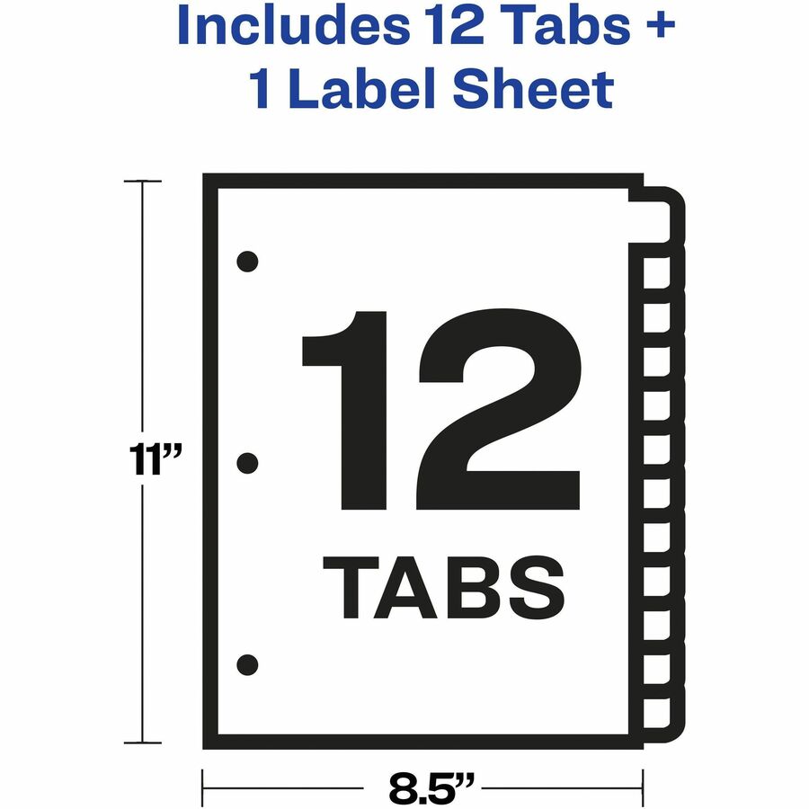 Avery Index Maker Index Divider, 12 Dividers with 12 Print-on Tabs, 8.5" x 11", 3-Hole Punched, White, Double-Sided, Reinforced Tabs and Edges, Tear Resistant, Printable, Customizable, 12 per Set
