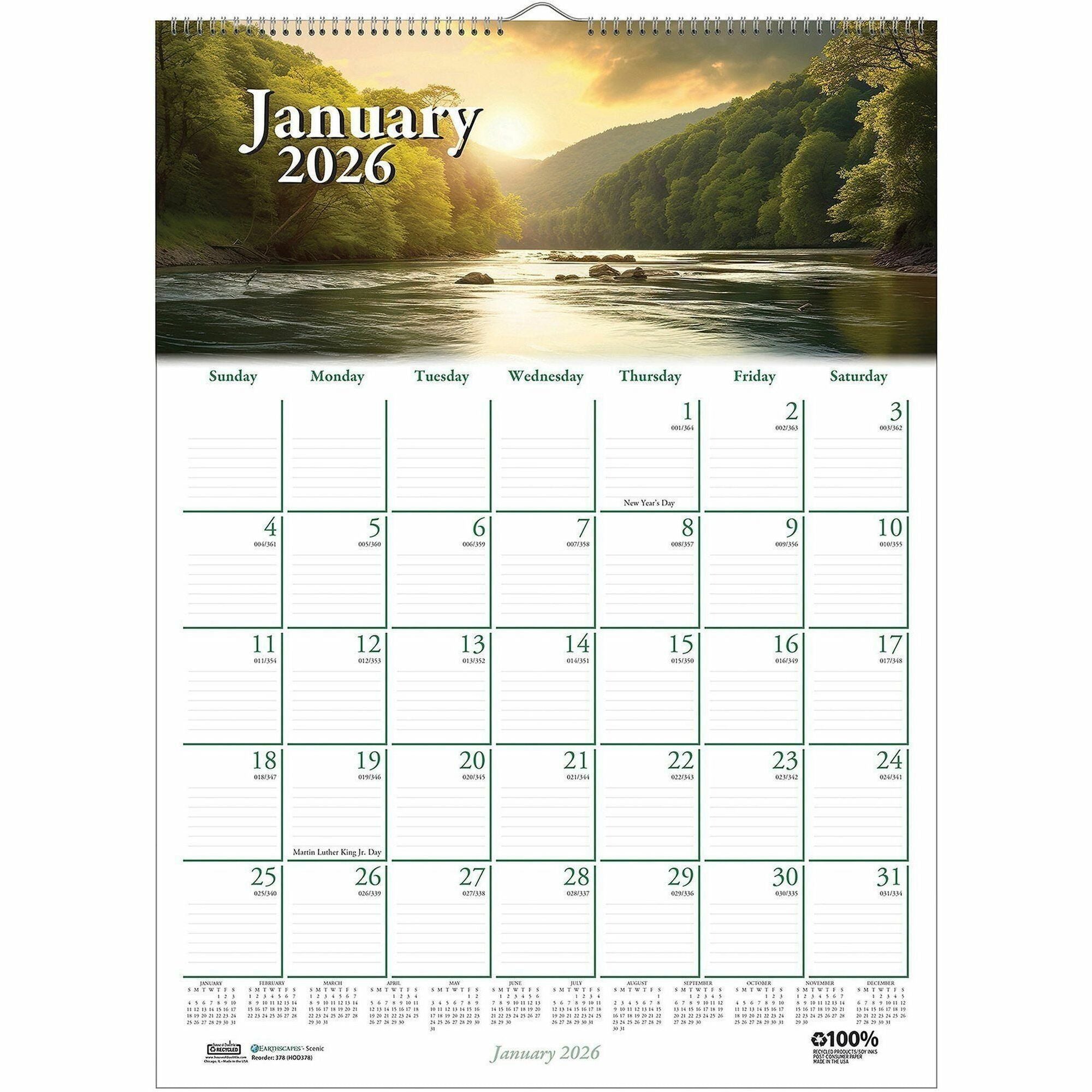 Julian Dates - Monthly - 1 Year - January 2026 to December 2026 - 1 Month Single Page Layout - 12" x 16 1/2" Sheet Size - 2" x 1.63" Block - Wire Bound - White - Paper - Reference Calendar, Hanging Loop - 1 Each