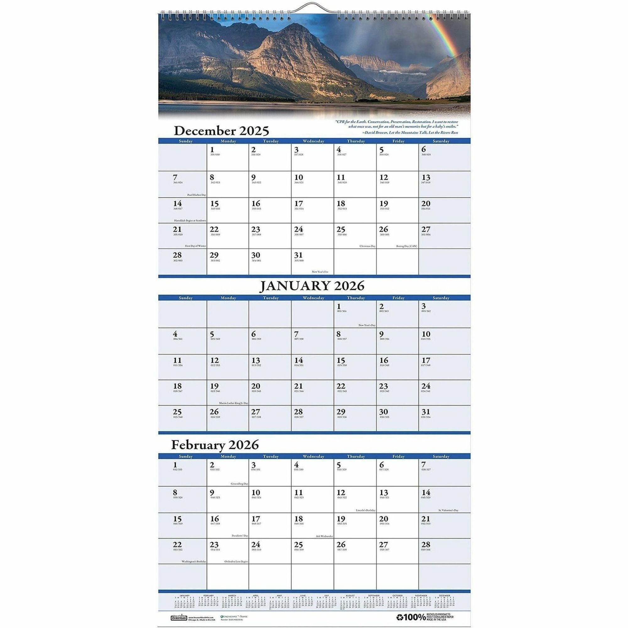 Julian Dates - 14 Month - December 2025 to January 2027 - 3 Month Single Page Layout - 12 1/4" x 27" Sheet Size - 1.75" x 1.13" Block - Wire Bound - White - Paper - Full-Color Scenic Photos - 1 Each