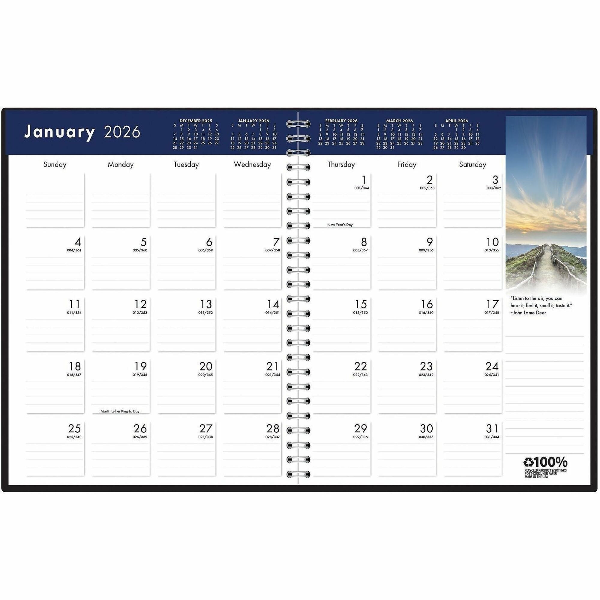 Julian Dates - Monthly - 14 Month - December 2024 to January 2026 - 1 Month Double Page Layout - 8 1/2" x 11" Sheet Size - 2.13" x 1.88" Block - Wire Bound - Black - Simulated Leather - 1 Each