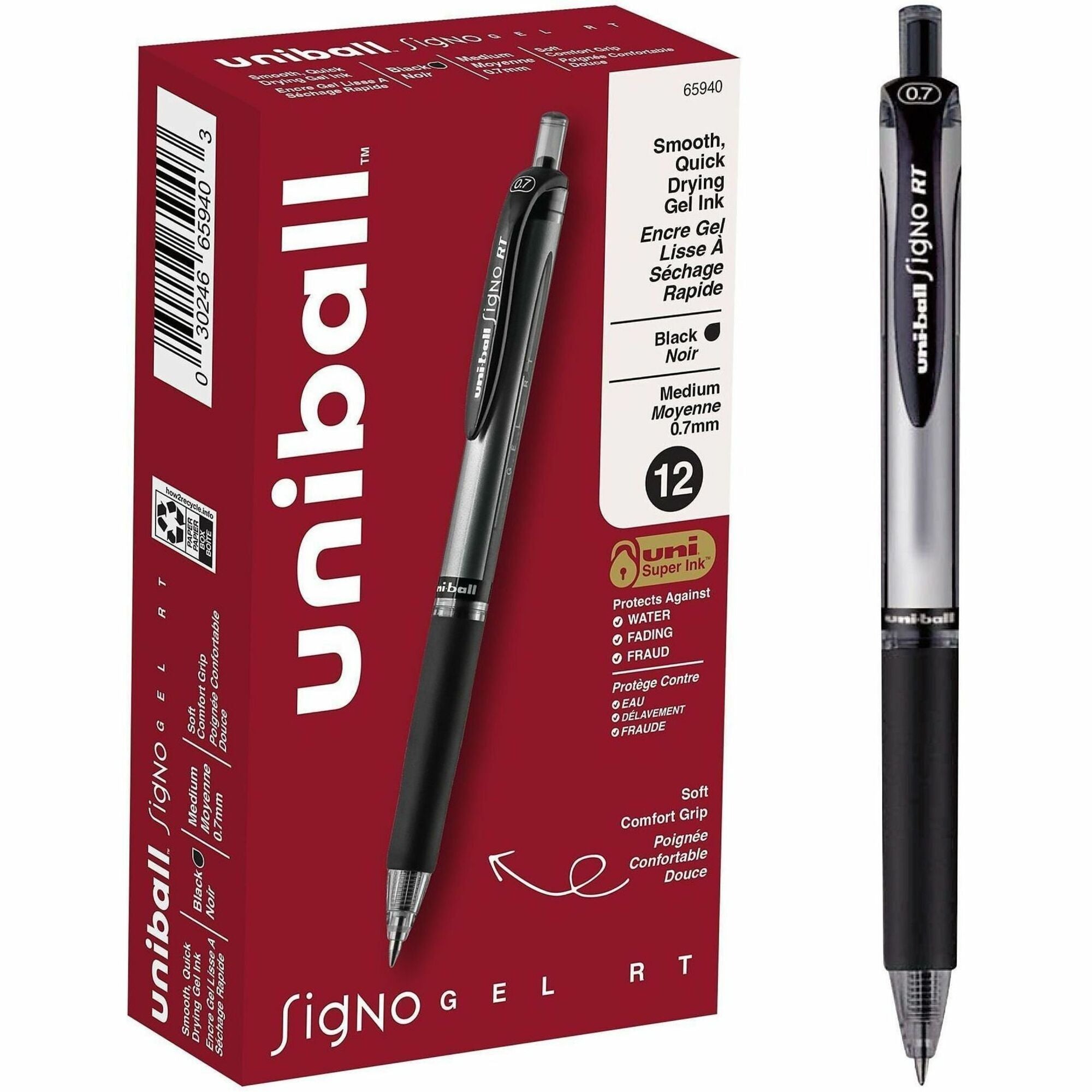 0.7 mm Medium Pen Point - Refillable - Retractable - Black Ink - Gel-based - 1 Dozen