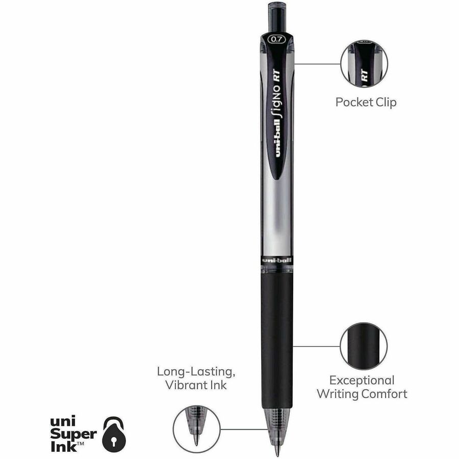 0.7 mm Medium Pen Point - Refillable - Retractable - Black Ink - Gel-based - 1 Dozen