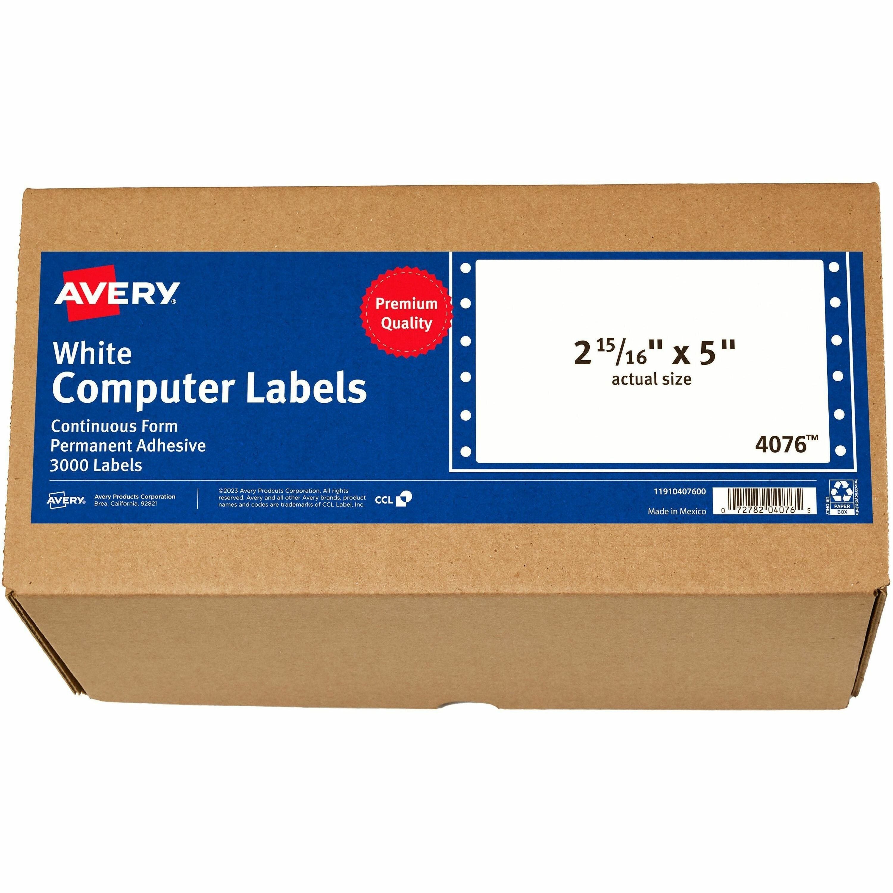 Avery&reg; Address Label - 5" Width x 2 15/16" Length - Permanent Adhesive - Dot Matrix - White - 1 / Sheet - 3000 Total Label(s) - 3000 / Box