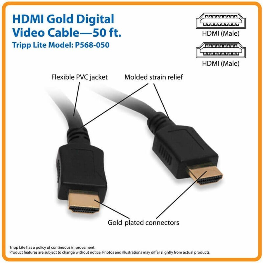 50 ft HDMI Video Cable - First End: 1 x 19-pin HDMI Type A Digital Audio/Video - Male - Second End: 1 x 19-pin HDMI Type A Digital Audio/Video - Male - Black