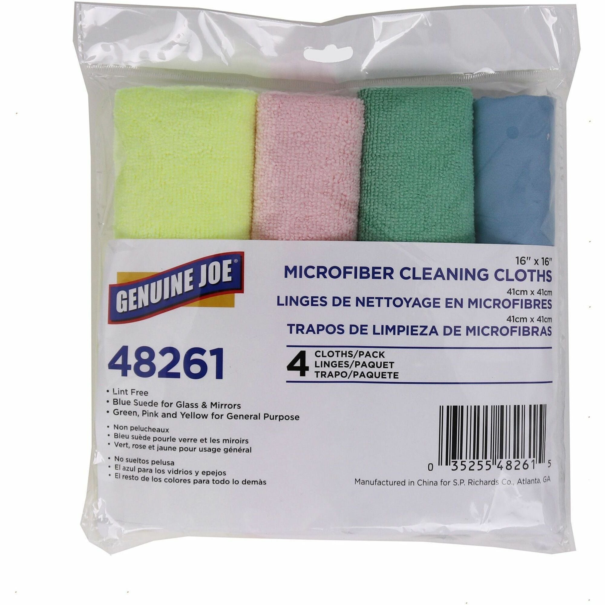 Genuine Joe Color-coded Microfiber Cleaning Cloths - 16" Width x 16" Length - Assorted - MicroFiber - 4 / Pack