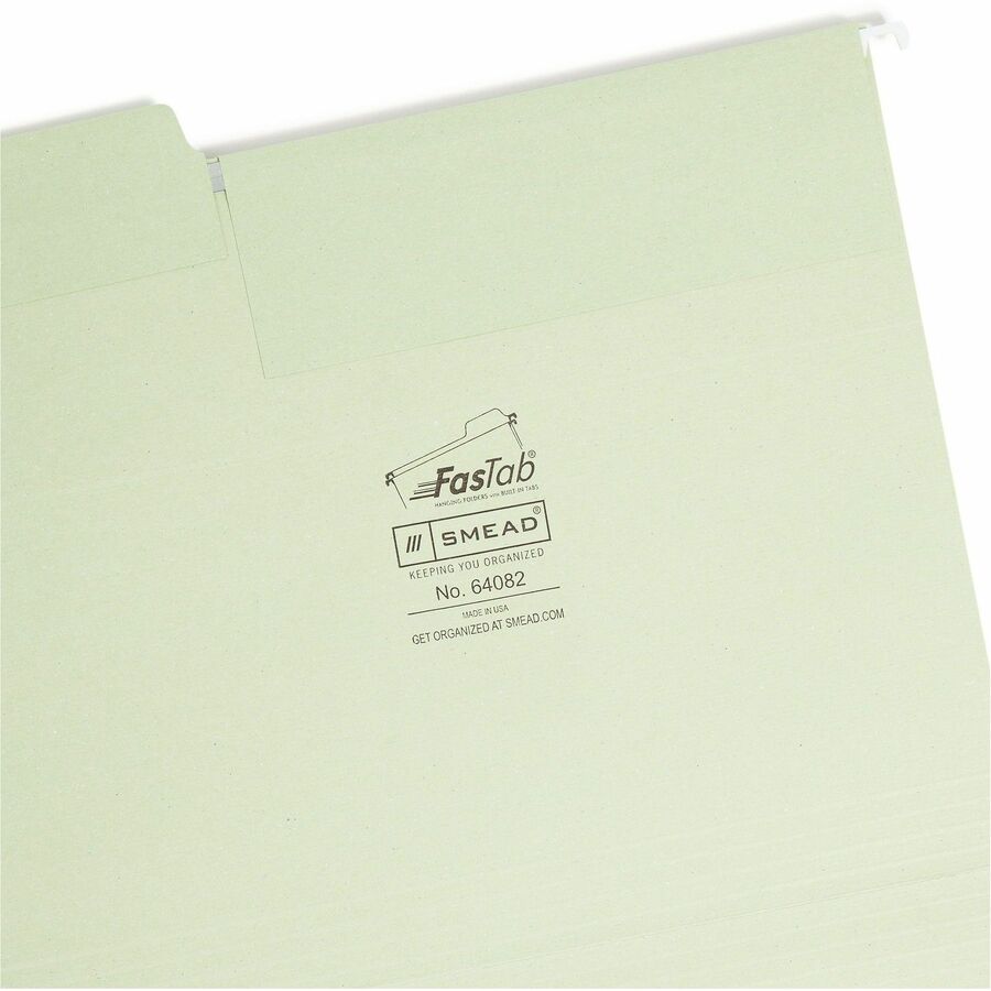 Smead FasTab 1/3 Tab Cut Letter Recycled Hanging Folder - 8 1/2" x 11" - Top Tab Location - Assorted Tab Position - 11 pt. - 2 Plys - Moss - Tear Resistant, Heavy Duty, Embossed - 10% Recycled - 20 / Box
